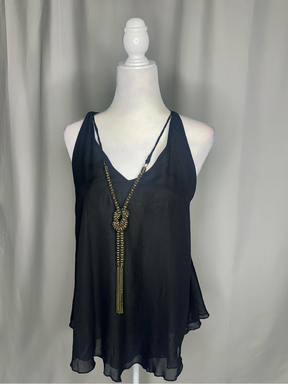 Cotton Express Black Sheer Sleeveless Tank with Decorative Chain